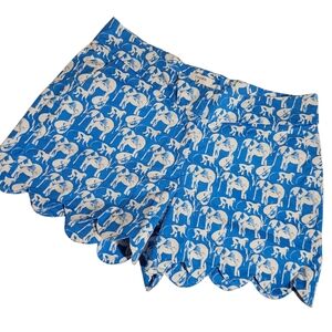 Crown & Ivy Blue and White Elephant Pattern Scalloped Hem Shorts